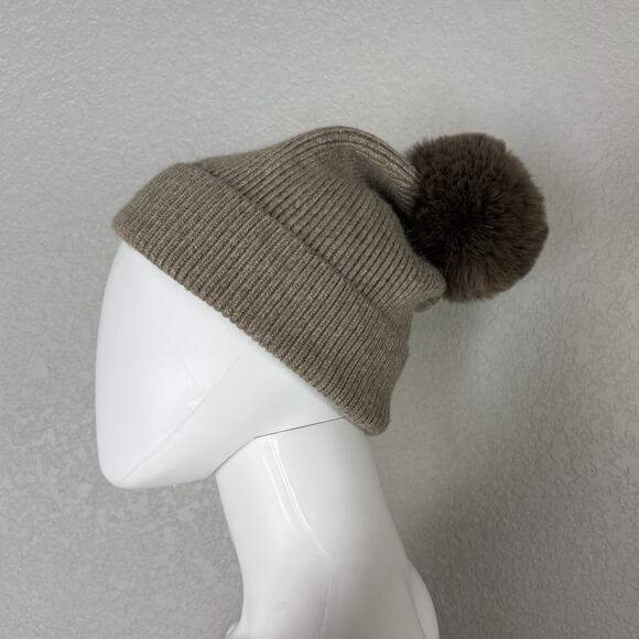 Norla Canada Alpaca Wool Blend Winter Beanie Hat Tan Faux Fur Pom Pom Luxe - Picture 4 of 6